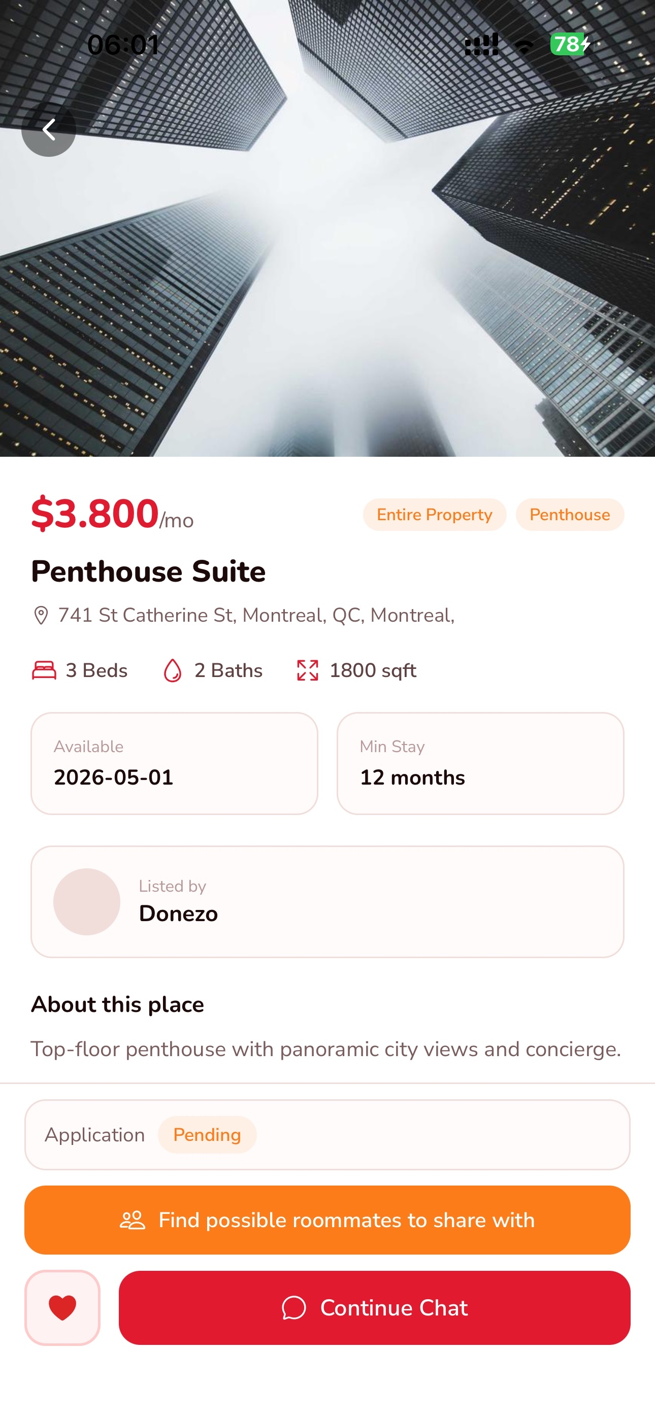 Detailed view of a rental unit listing